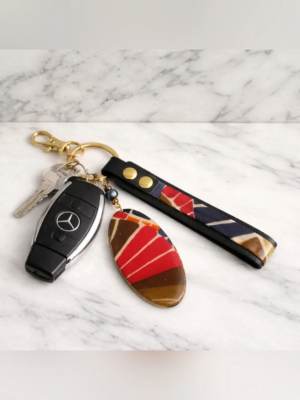 Artisan Fabric-Wrapped Oval Keychain & Wristlet | One-of-a-Kind Accessory